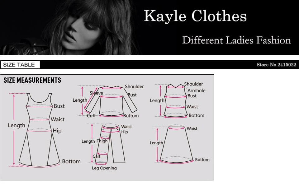 Measurement chart for clothing with 'Kayle Clothes' branding