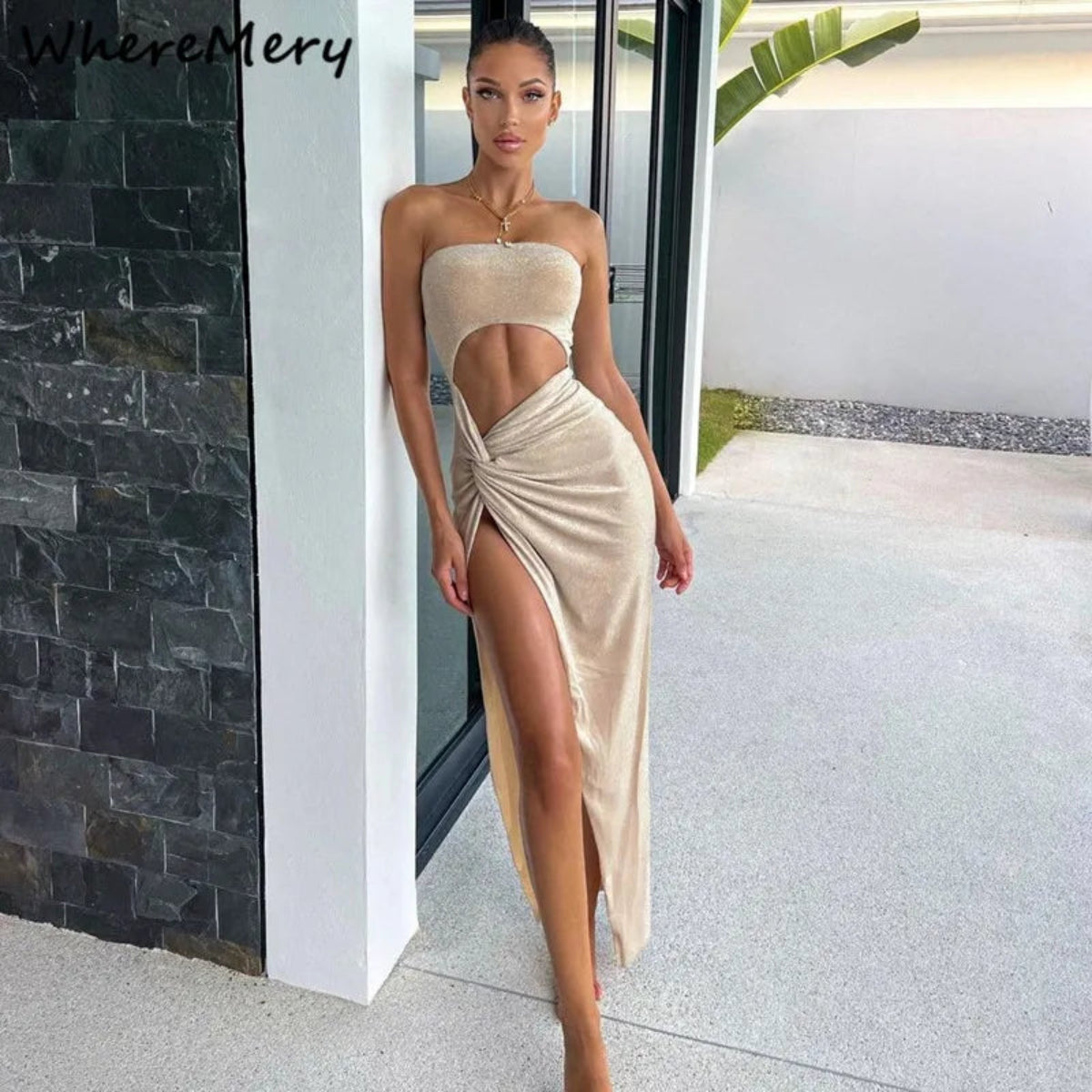 Women's Strapless Hollow Out Slit Dress | Sexy Mid-Calf Clubwear