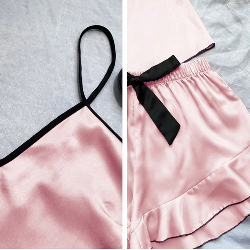 Women’s Satin Pajama Set | V-Neck Sleeveless Top with Ruffled Edges & Bow Shorts