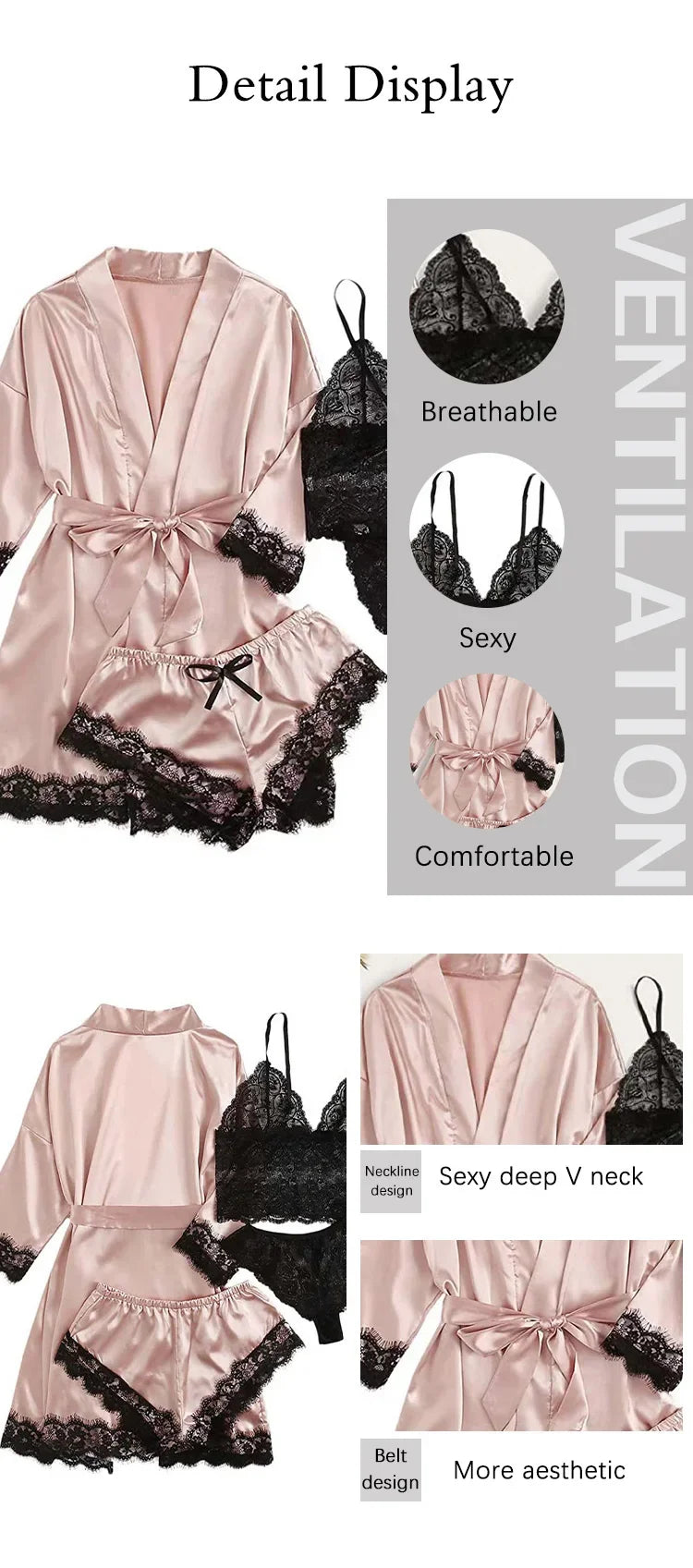 4-Piece Women’s Silk Satin Pajama Set with Robe | Sexy Lace Lingerie & Nightwear