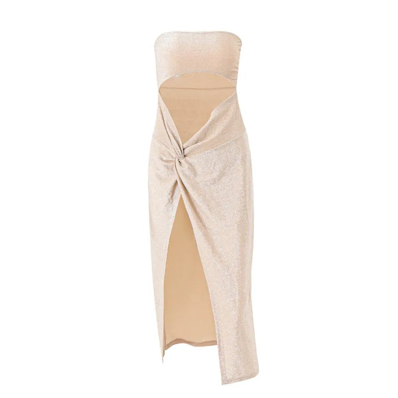 Women's Strapless Hollow Out Slit Dress | Sexy Mid-Calf Clubwear