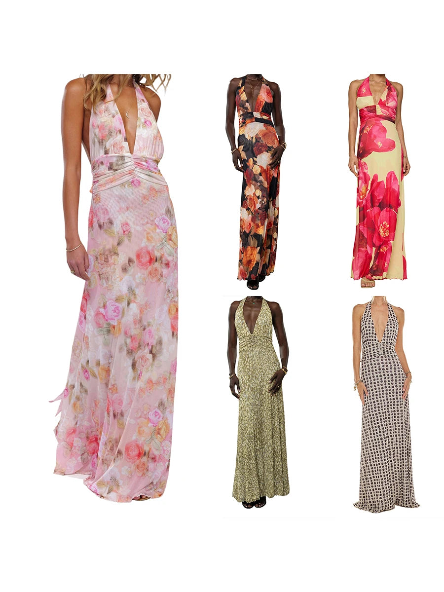 Women’s Summer Halter Maxi Dress – Sleeveless V-Neck Backless Ruffle Hem