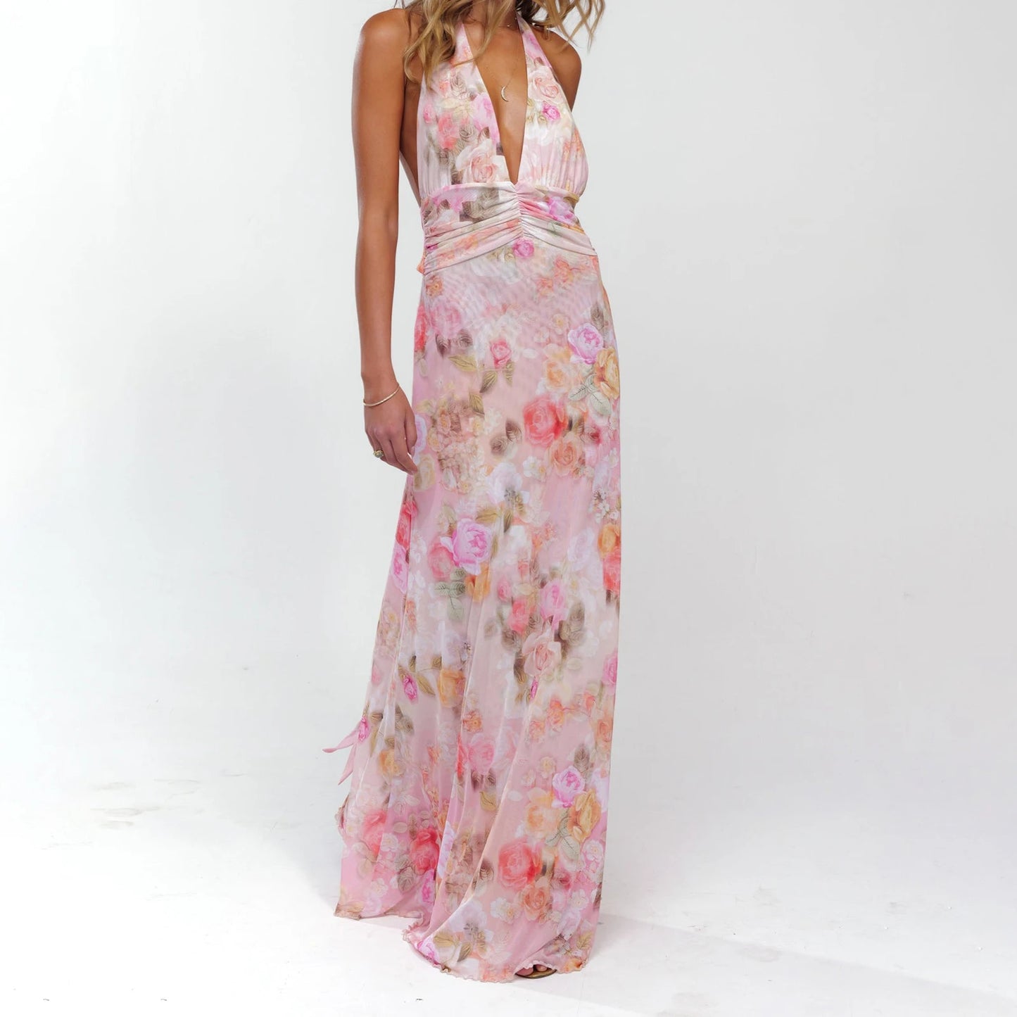 Women’s Summer Halter Maxi Dress – Sleeveless V-Neck Backless Ruffle Hem