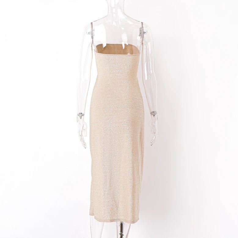 Women's Strapless Hollow Out Slit Dress | Sexy Mid-Calf Clubwear