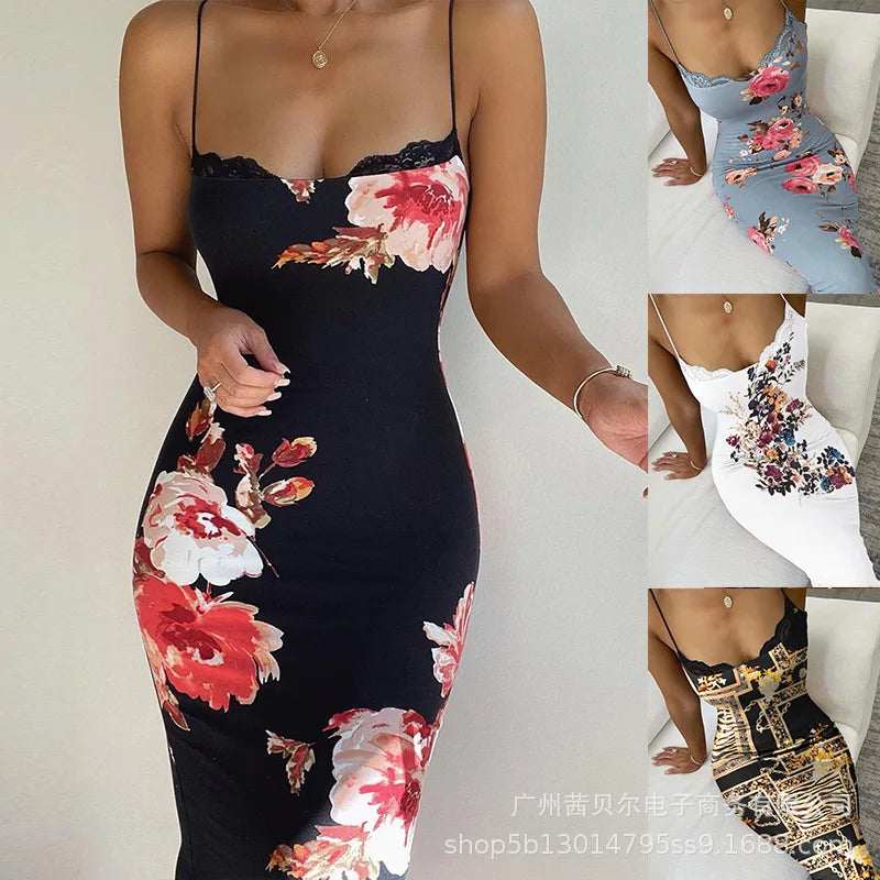Sleeveless Lace Spliced Maxi Dress | Square Collar Slim Fit Printed Camisole Clubwear