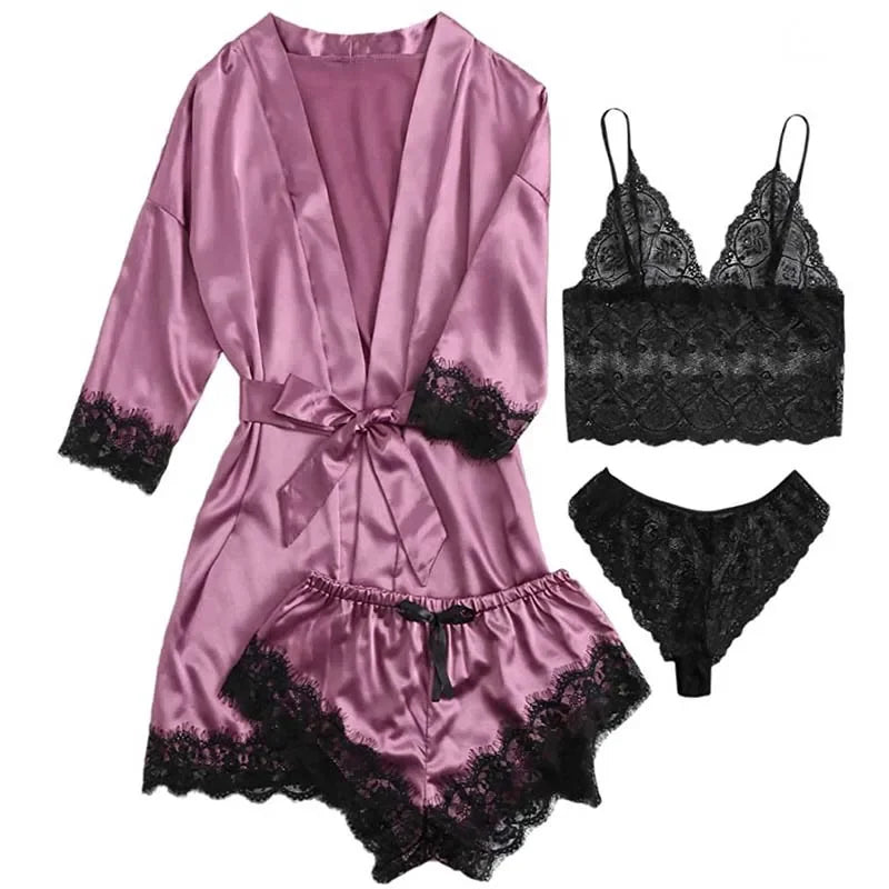 4-Piece Women’s Silk Satin Pajama Set with Robe | Sexy Lace Lingerie & Nightwear
