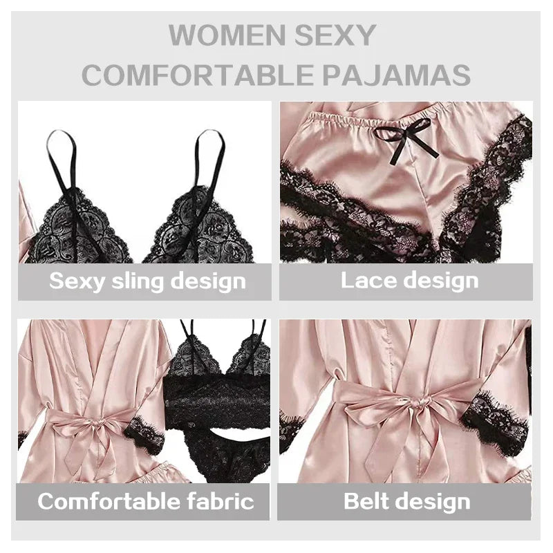 4-Piece Women’s Silk Satin Pajama Set with Robe | Sexy Lace Lingerie & Nightwear