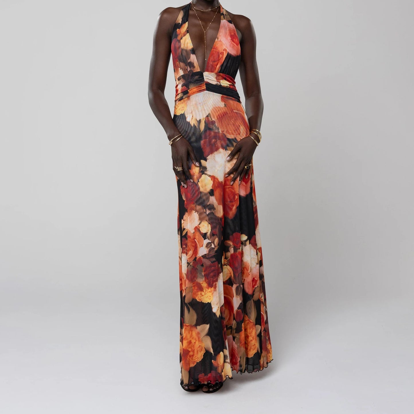Women’s Summer Halter Maxi Dress – Sleeveless V-Neck Backless Ruffle Hem