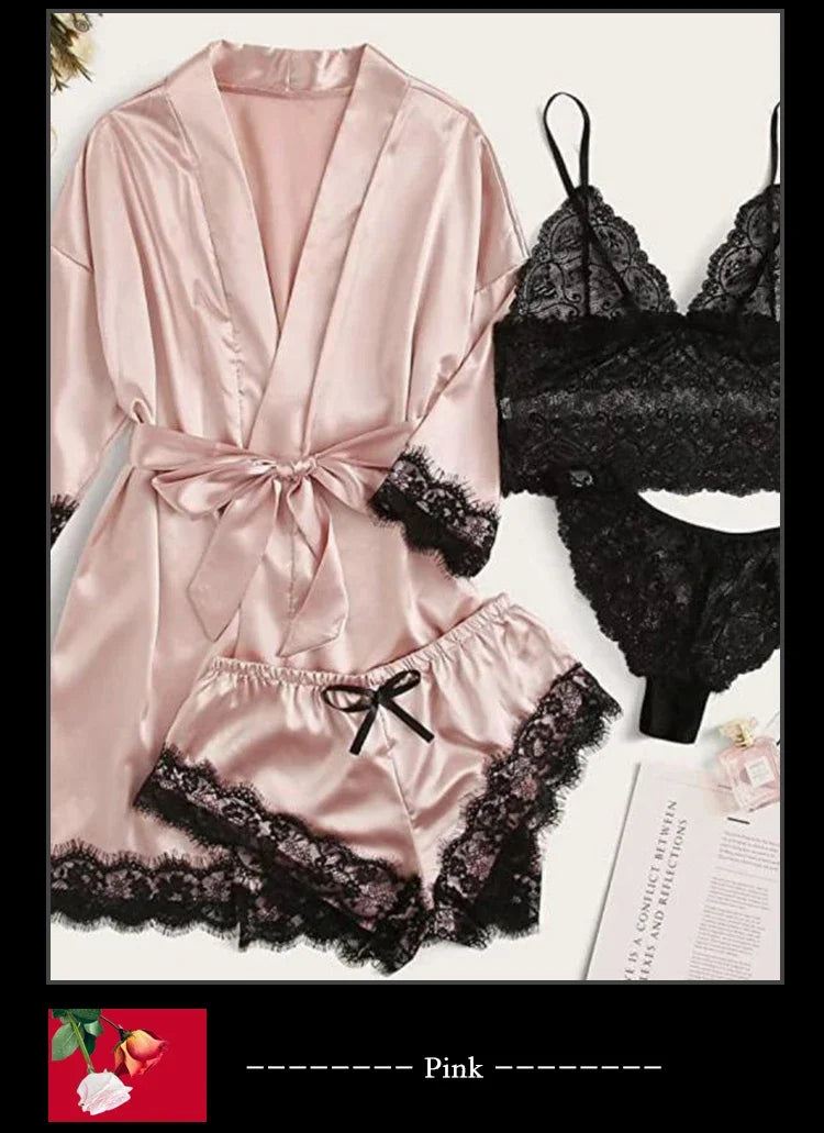 4-Piece Women’s Silk Satin Pajama Set with Robe | Sexy Lace Lingerie & Nightwear