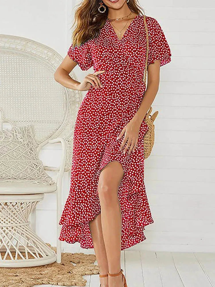 Summer Beach Maxi Dress – Women’s Floral Print Boho Long Chiffon Dress with Ruffles & Split