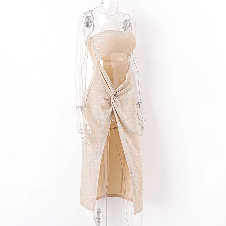 Women's Strapless Hollow Out Slit Dress | Sexy Mid-Calf Clubwear