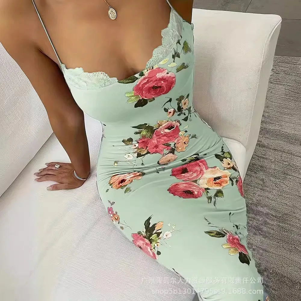 Sleeveless Lace Spliced Maxi Dress | Square Collar Slim Fit Printed Camisole Clubwear