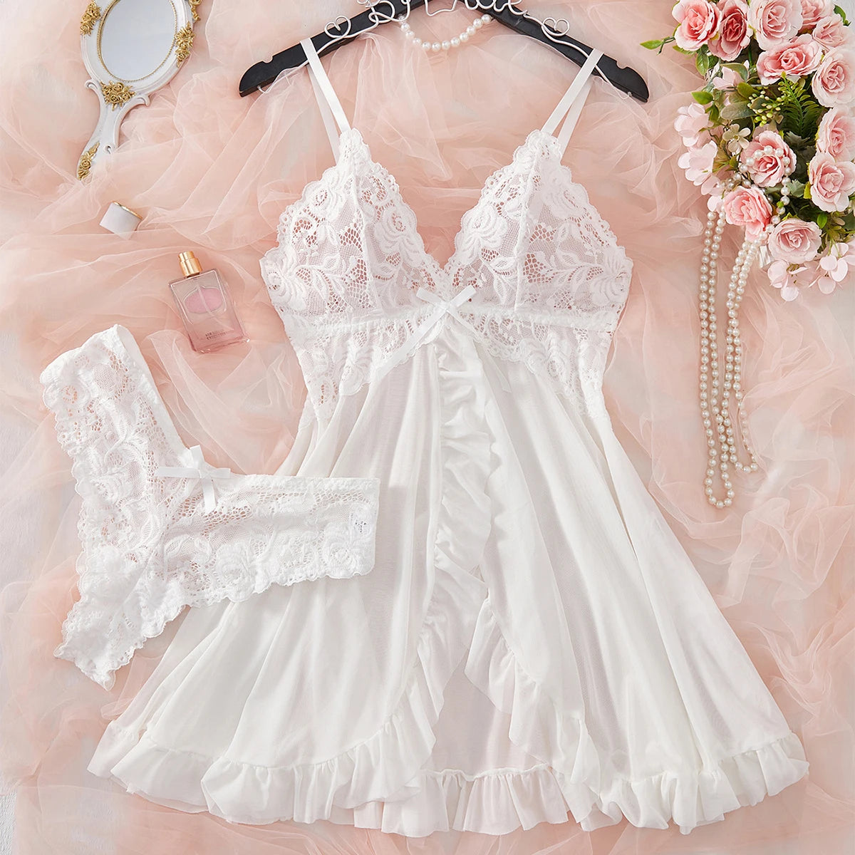 Women's Sexy Lace Lingerie Set - See-through Pajamas & Nightdress