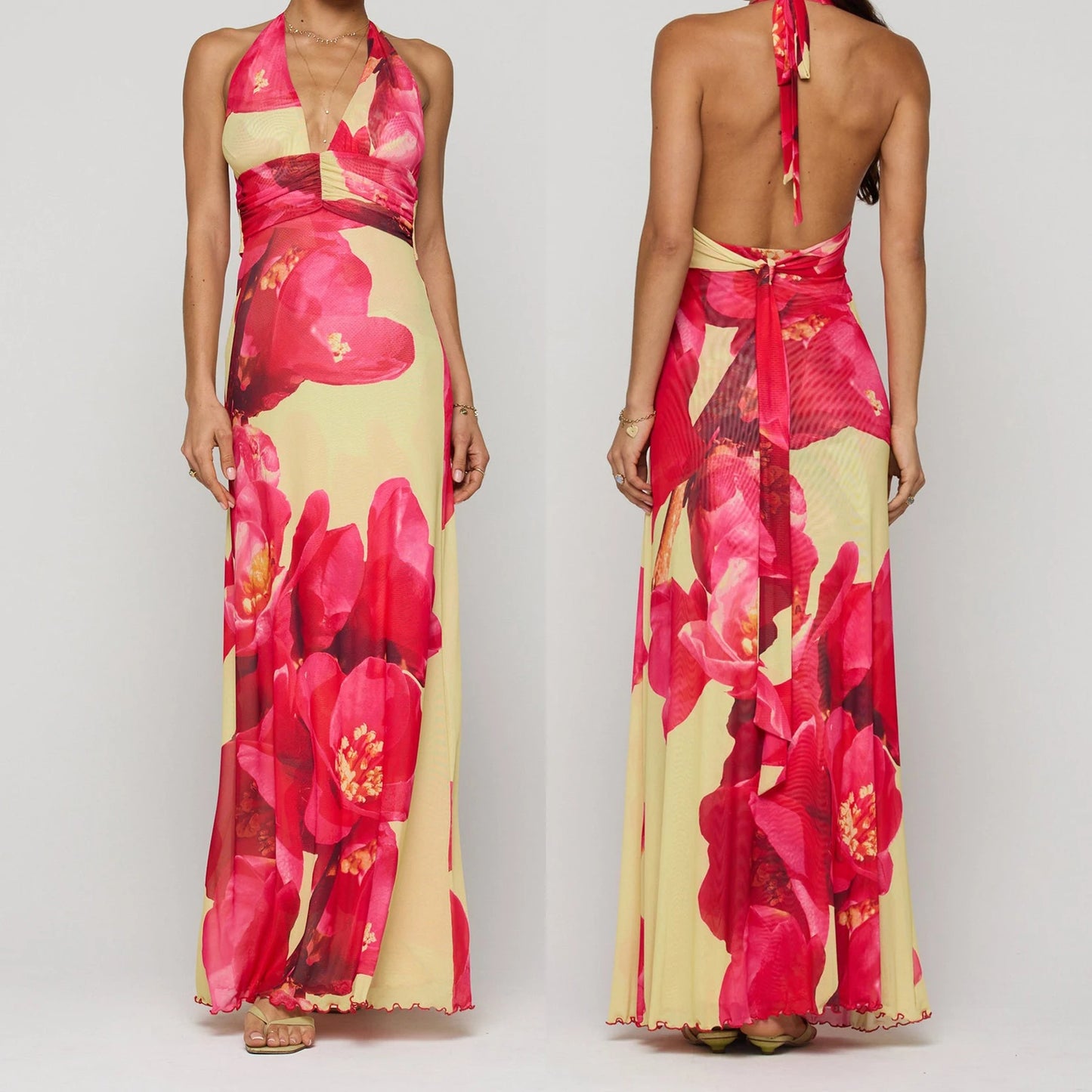 Women’s Summer Halter Maxi Dress – Sleeveless V-Neck Backless Ruffle Hem