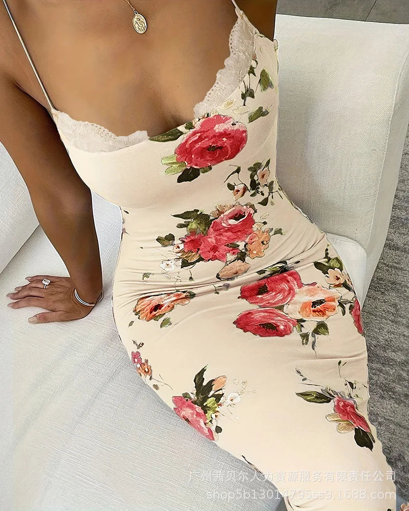 Sleeveless Lace Spliced Maxi Dress | Square Collar Slim Fit Printed Camisole Clubwear