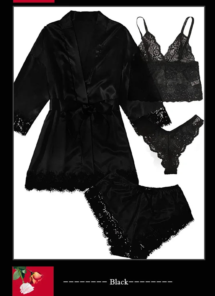 4-Piece Women’s Silk Satin Pajama Set with Robe | Sexy Lace Lingerie & Nightwear
