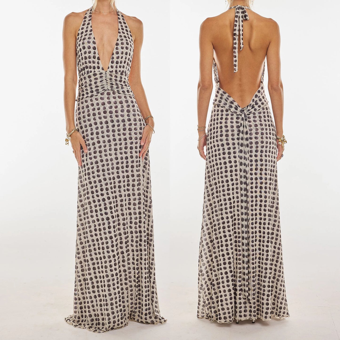 Women’s Summer Halter Maxi Dress – Sleeveless V-Neck Backless Ruffle Hem
