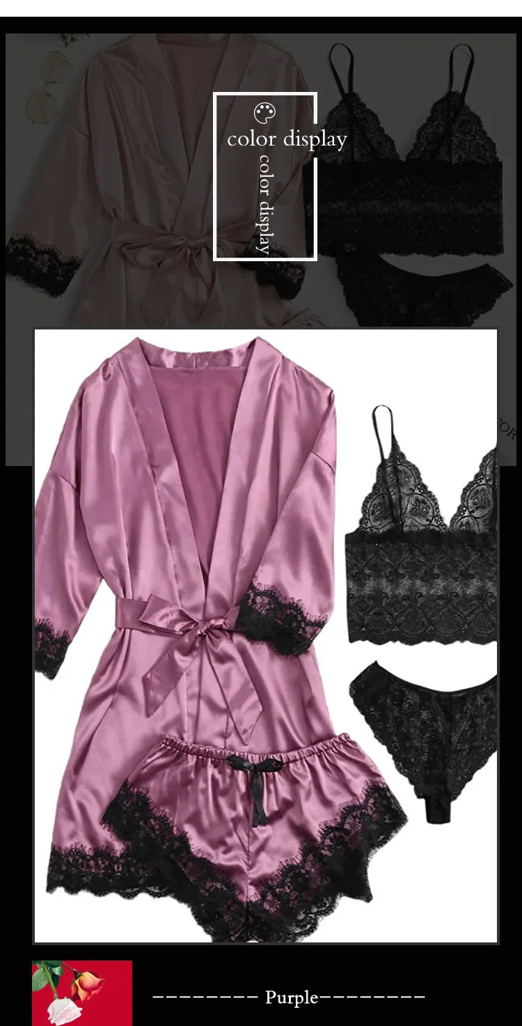 4-Piece Women’s Silk Satin Pajama Set with Robe | Sexy Lace Lingerie & Nightwear