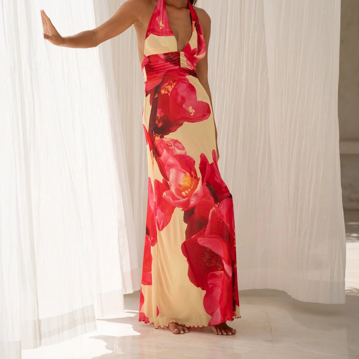 Women’s Summer Halter Maxi Dress – Sleeveless V-Neck Backless Ruffle Hem