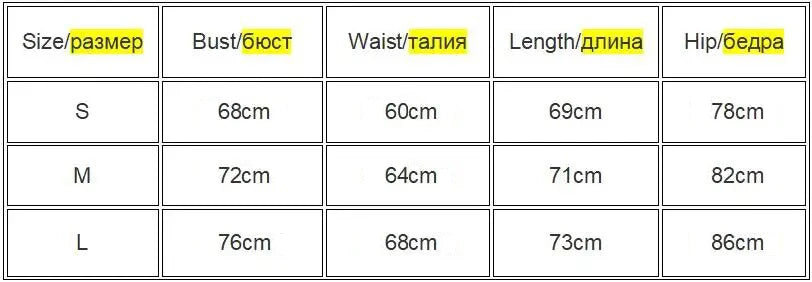 Size chart with measurements in centimeters for bust, waist, length, and hip.