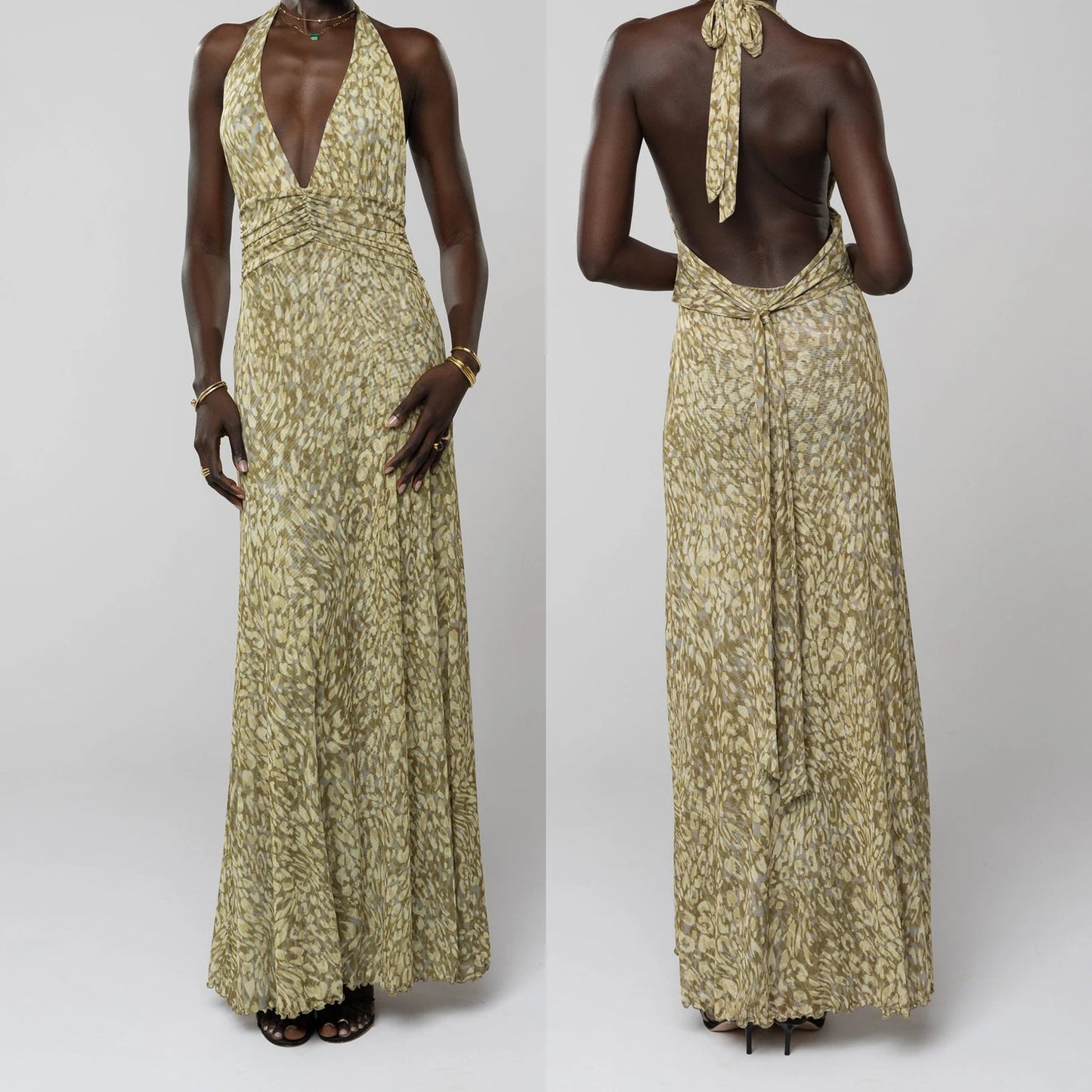 Women’s Summer Halter Maxi Dress – Sleeveless V-Neck Backless Ruffle Hem