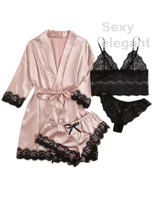 4-Piece Women’s Silk Satin Pajama Set with Robe | Sexy Lace Lingerie & Nightwear