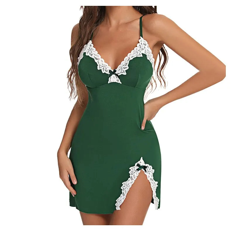 Green nightgown with white lace details on a white background