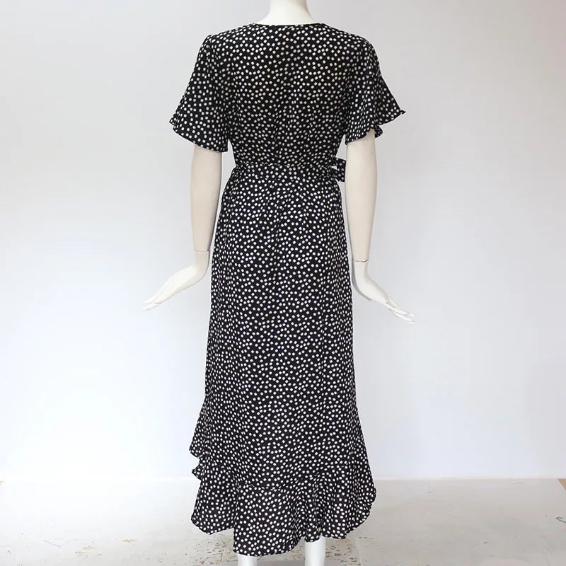Summer Beach Maxi Dress – Women’s Floral Print Boho Long Chiffon Dress with Ruffles & Split