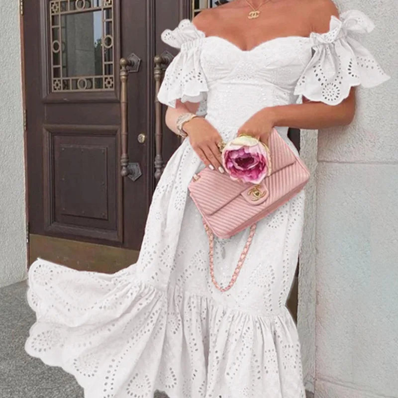 Off-Shoulder Mid-Calf Dress | Elegant V-Neck High Waist Slim Fit Women’s Outfit