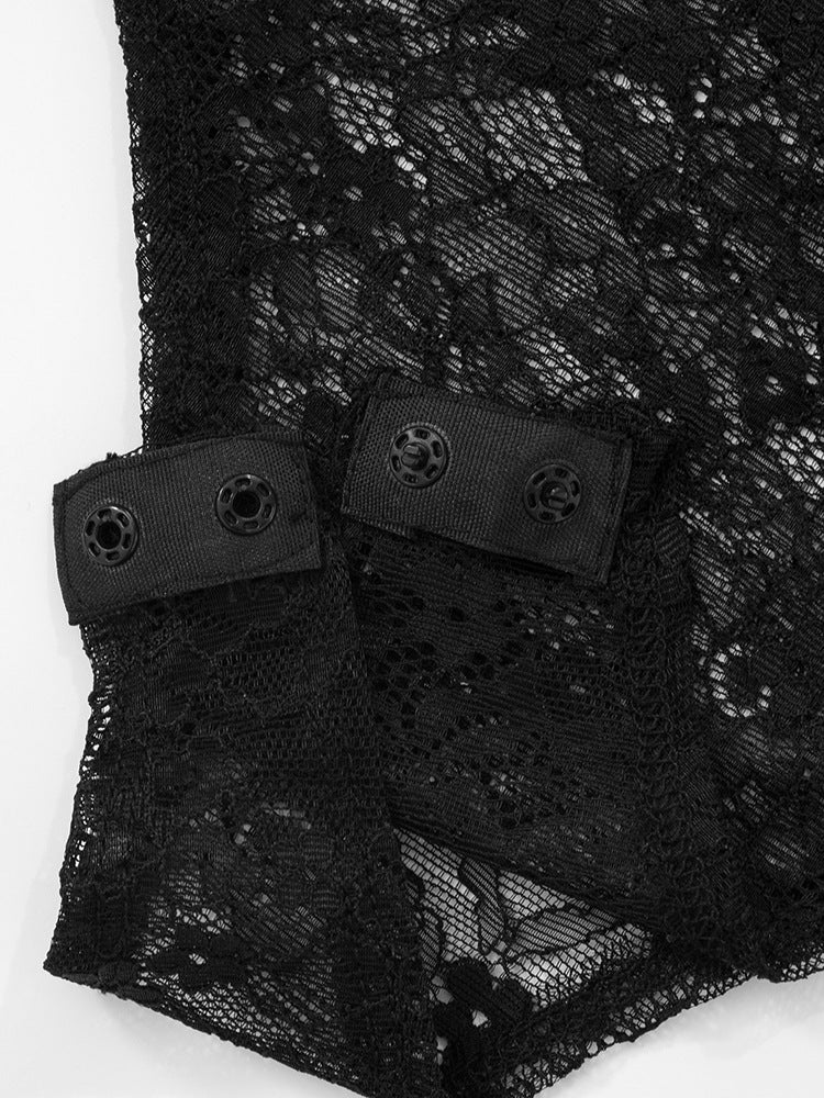 Black lace garment with button details on a white background