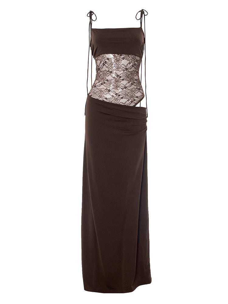 Lace Cut-Out Spaghetti Strap Maxi Dress | Backless Slim Fit 2025