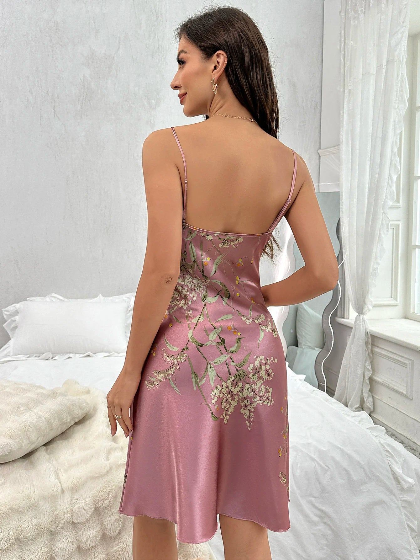 Floral V-Neck Nightdress | Sexy Spaghetti Strap Sleep Dress for Women