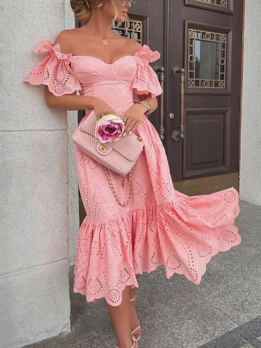 Off-Shoulder Mid-Calf Dress | Elegant V-Neck High Waist Slim Fit Women’s Outfit