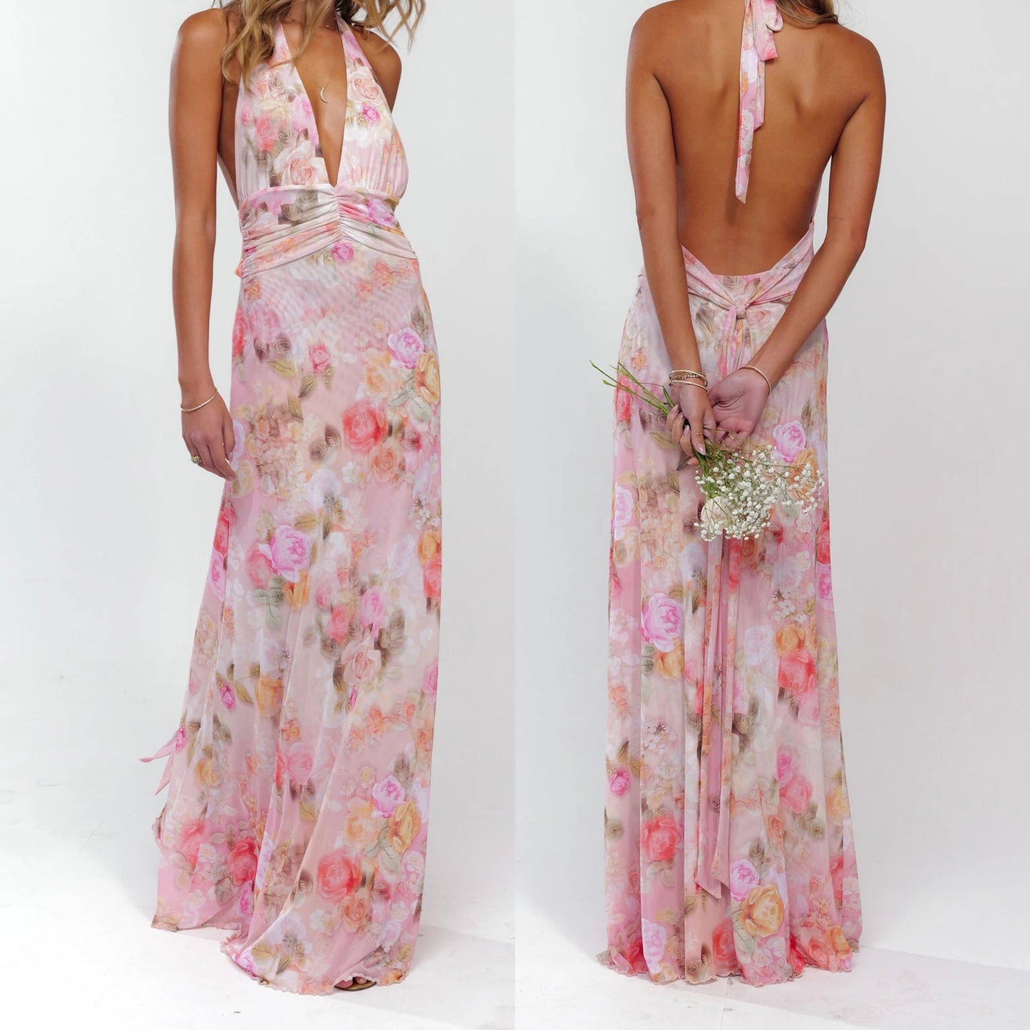 Women’s Summer Halter Maxi Dress – Sleeveless V-Neck Backless Ruffle Hem