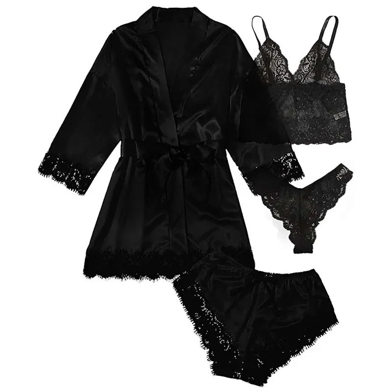 4-Piece Women’s Silk Satin Pajama Set with Robe | Sexy Lace Lingerie & Nightwear