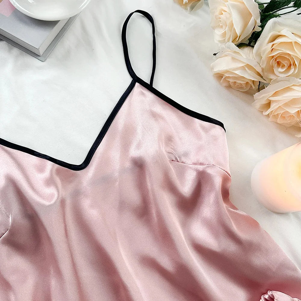 Women’s Satin Pajama Set | V-Neck Sleeveless Top with Ruffled Edges & Bow Shorts
