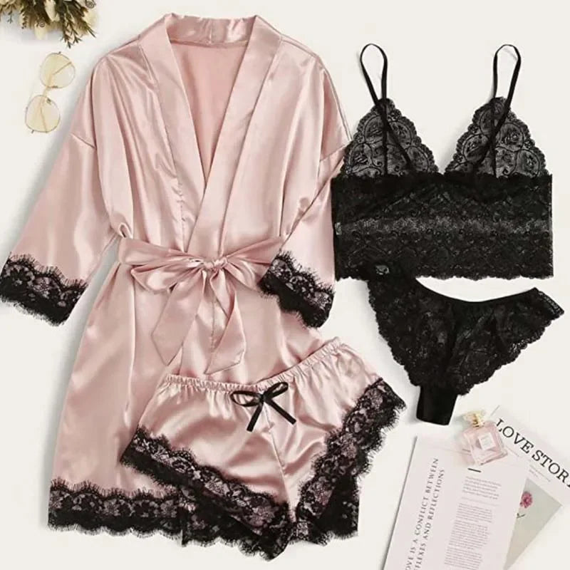 4-Piece Women’s Silk Satin Pajama Set with Robe | Sexy Lace Lingerie & Nightwear
