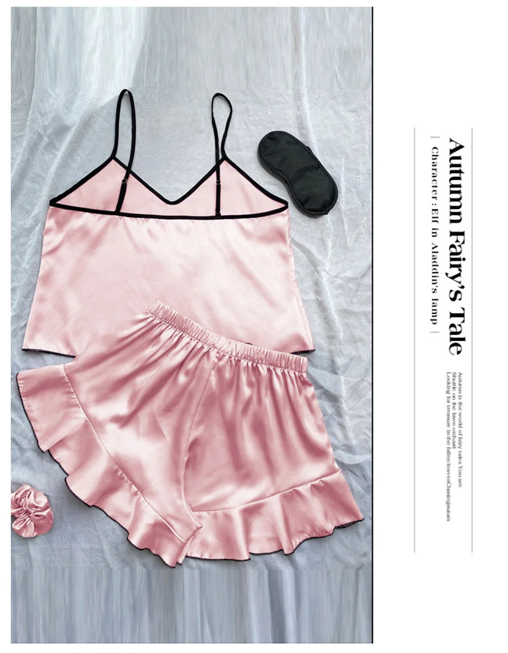 Women’s Satin Pajama Set | V-Neck Sleeveless Top with Ruffled Edges & Bow Shorts