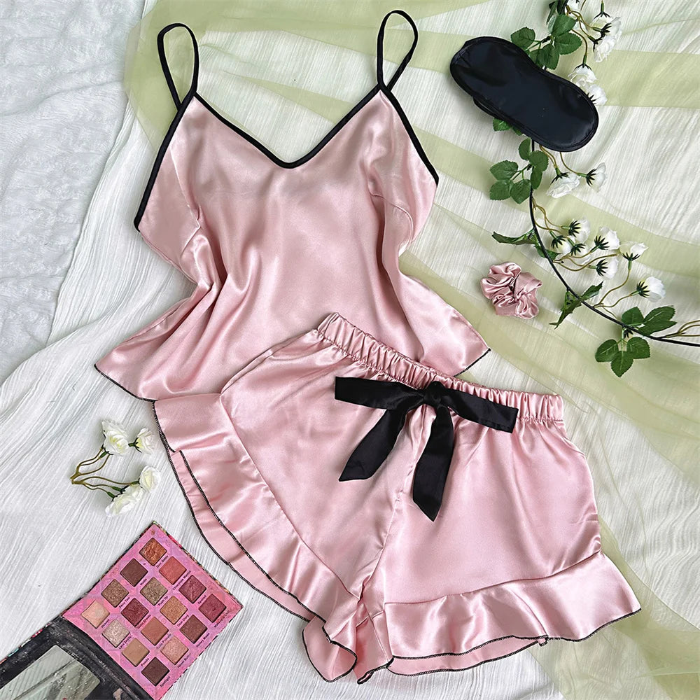 Women’s Satin Pajama Set | V-Neck Sleeveless Top with Ruffled Edges & Bow Shorts