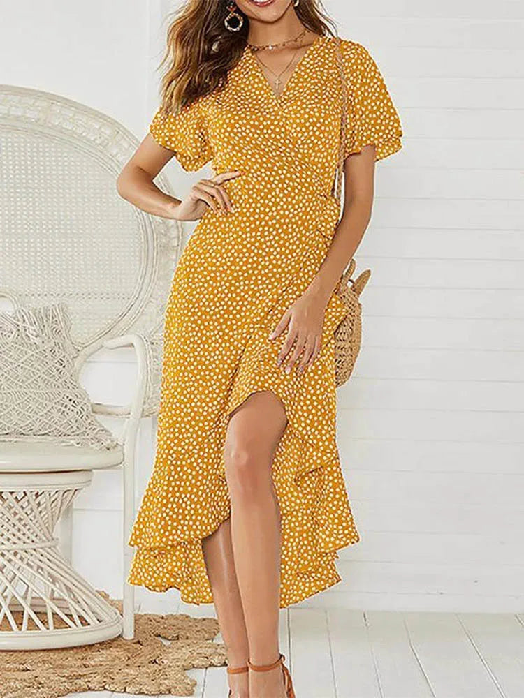 Summer Beach Maxi Dress – Women’s Floral Print Boho Long Chiffon Dress with Ruffles & Split