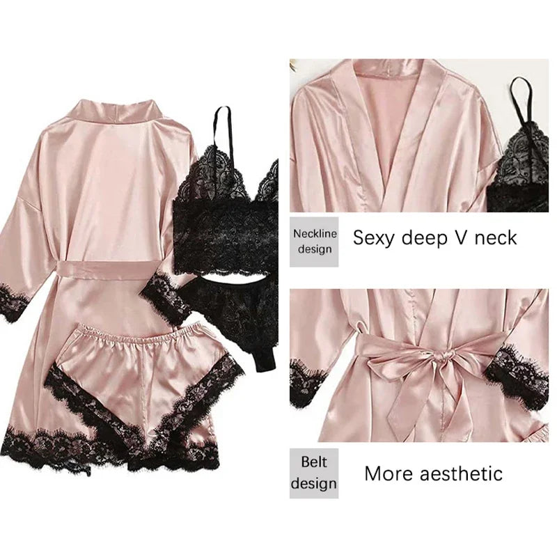 Pink satin robe with black lace details and black lace bralette on a white background.
