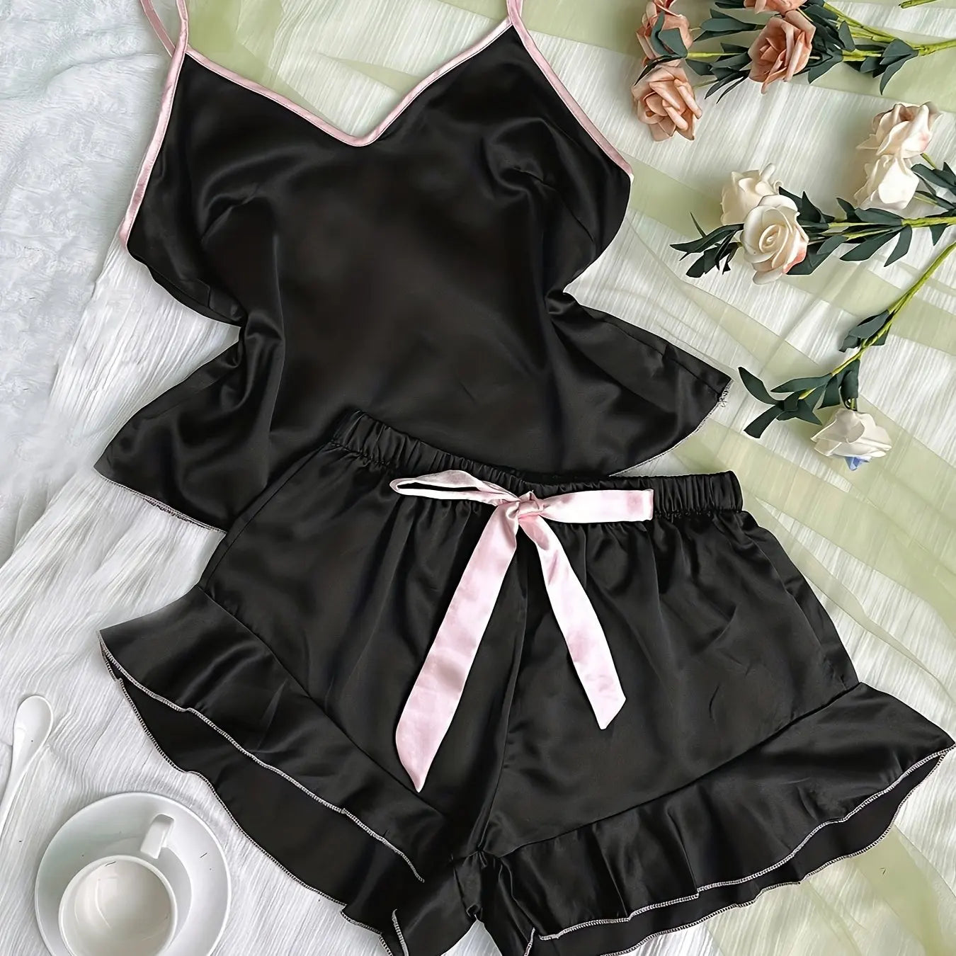 Women’s Satin Pajama Set | V-Neck Sleeveless Top with Ruffled Edges & Bow Shorts