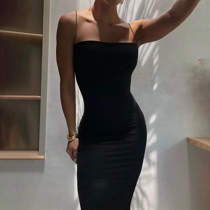 Summer Black Backless Bodycon Dress | Sleeveless Spaghetti Strap Slim Fit Party Dress