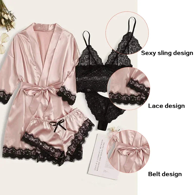 4-Piece Women’s Silk Satin Pajama Set with Robe | Sexy Lace Lingerie & Nightwear