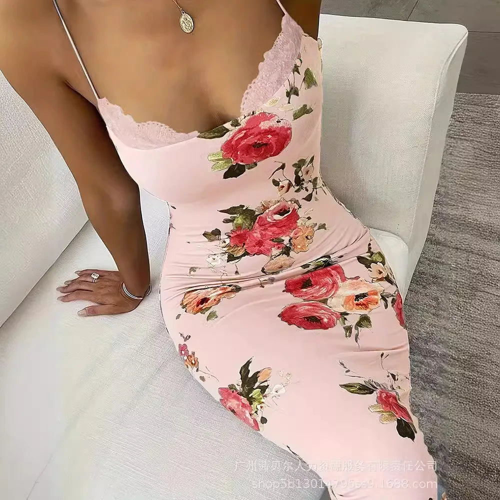 Sleeveless Lace Spliced Maxi Dress | Square Collar Slim Fit Printed Camisole Clubwear