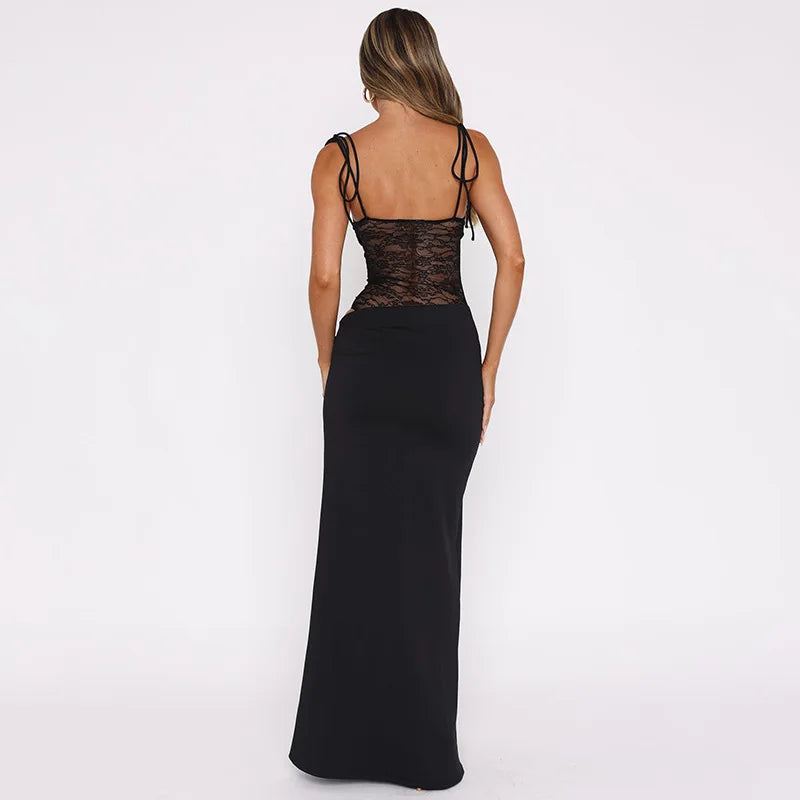 Black evening gown with lace detailing on a white background
