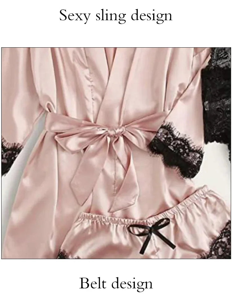 4-Piece Women’s Silk Satin Pajama Set with Robe | Sexy Lace Lingerie & Nightwear
