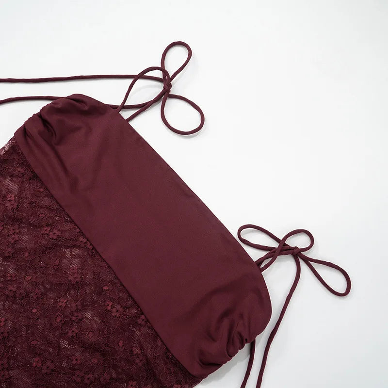 Maroon lace top with drawstrings on a white background