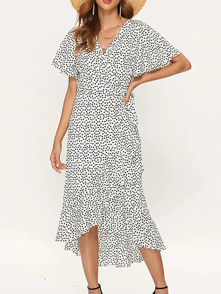 Summer Beach Maxi Dress – Women’s Floral Print Boho Long Chiffon Dress with Ruffles & Split