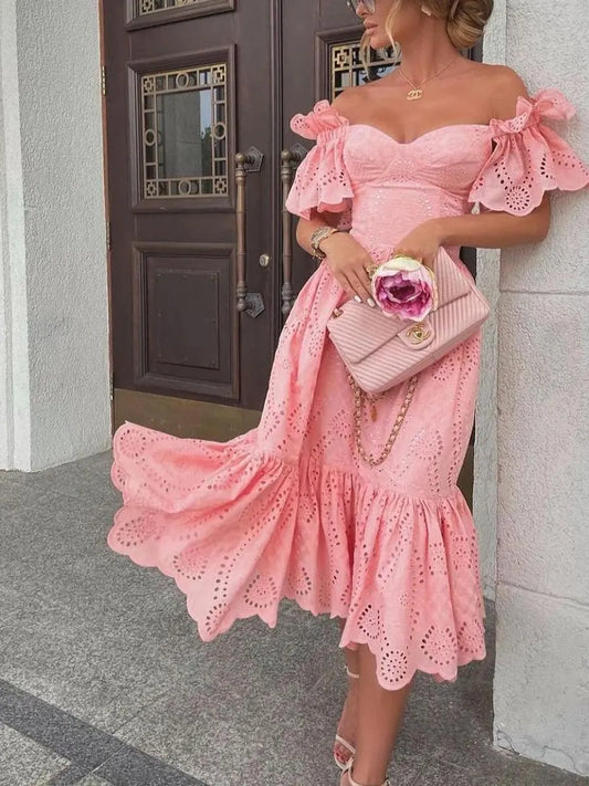 Off-Shoulder Mid-Calf Dress | Elegant V-Neck High Waist Slim Fit Women’s Outfit